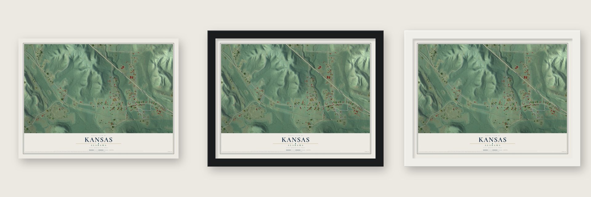 Kansas, Alabama map unframed, in a black wood frame and in a white wood frame