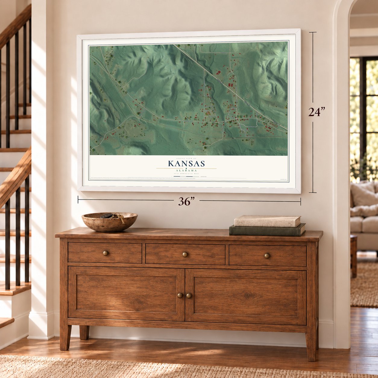 Kansas, Alabama map, 24 x 36 inch print in a white frame above a dresser by a staircase