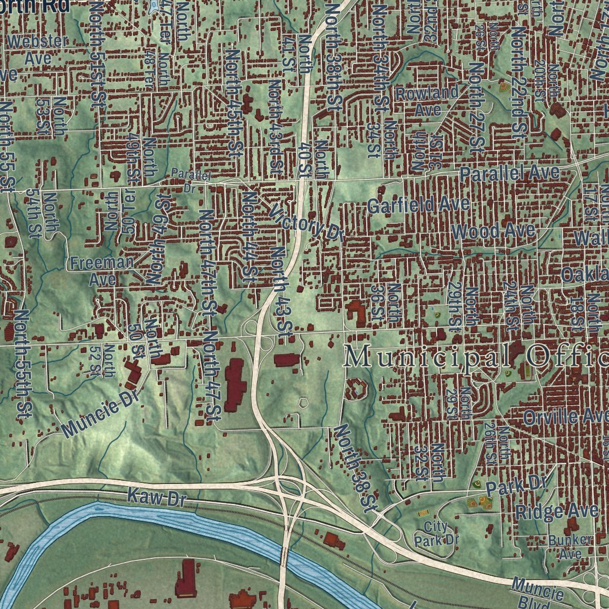 Second close-up of the map of Kansas City, Kansas print showing more streets and buildings