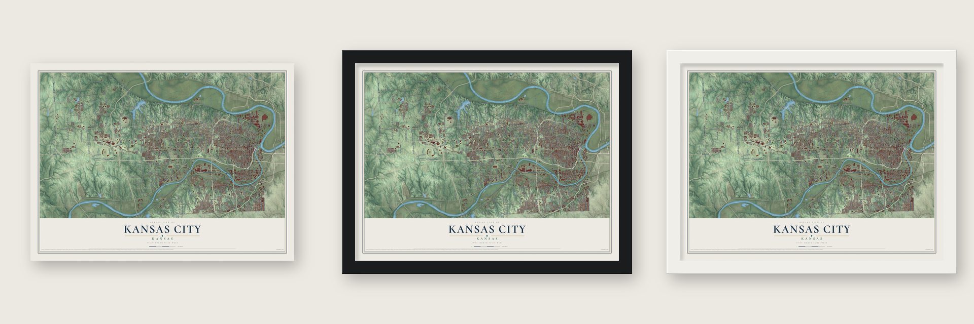 Kansas City, Kansas map unframed, in a black wood frame and in a white wood frame