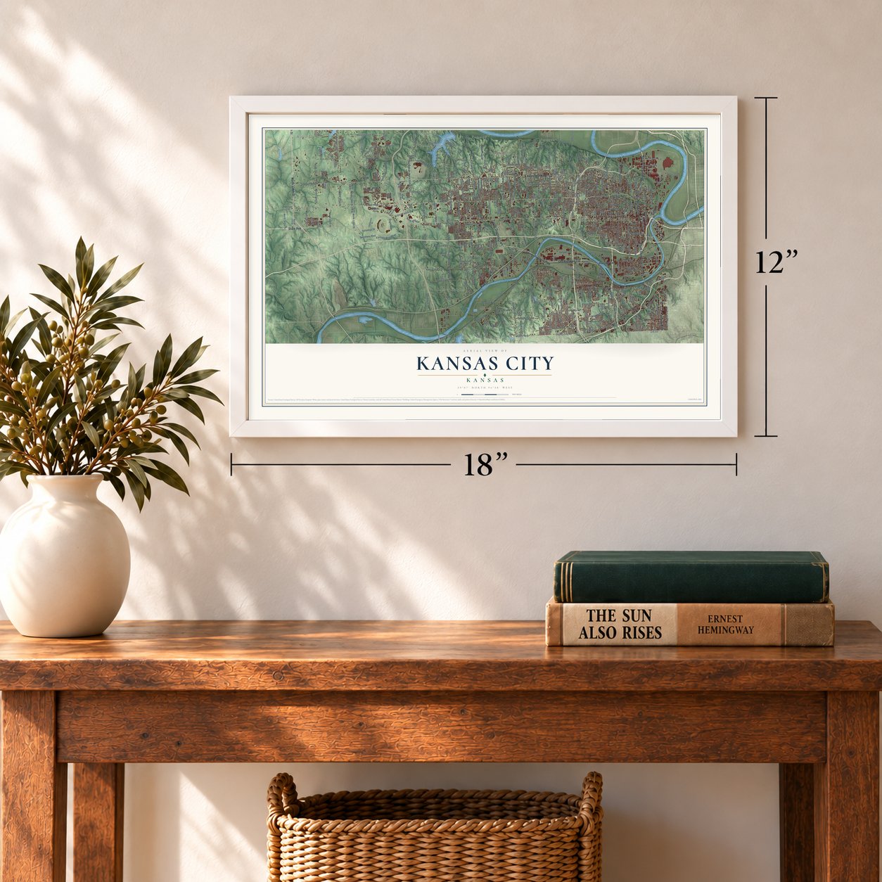Kansas City, Kansas map, 12 x 18 inch print in a white frame in an entryway