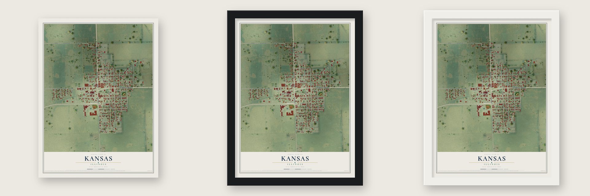 Kansas, Illinois map unframed, in a black wood frame and in a white wood frame