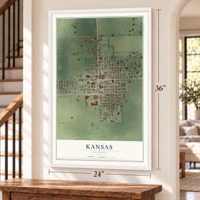 Kansas, Illinois map, 24 x 36 inch print in a white frame by a staircase