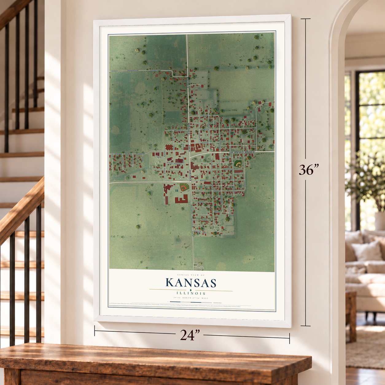 Kansas, Illinois map, 24 x 36 inch print in a white frame by a staircase