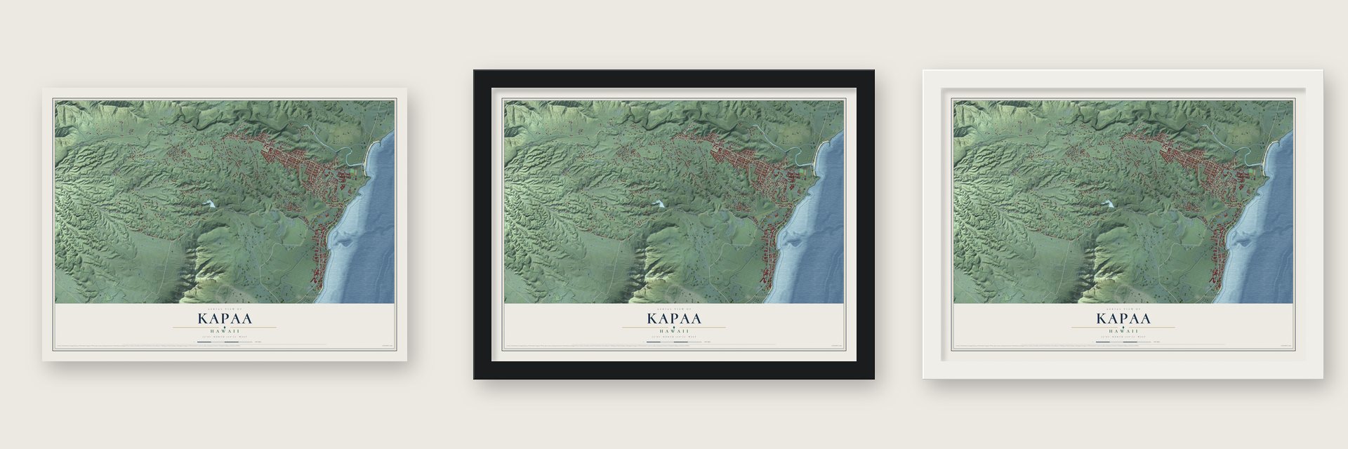 Kapaa, Hawaii map unframed, in a black wood frame and in a white wood frame