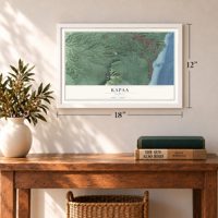 Kapaa, Hawaii map, 12 x 18 inch print in a white frame in an entryway