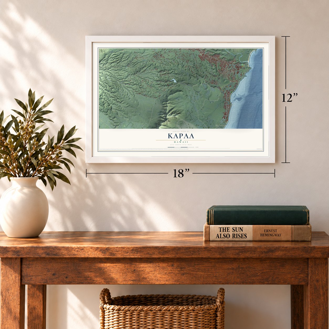 Kapaa, Hawaii map, 12 x 18 inch print in a white frame in an entryway