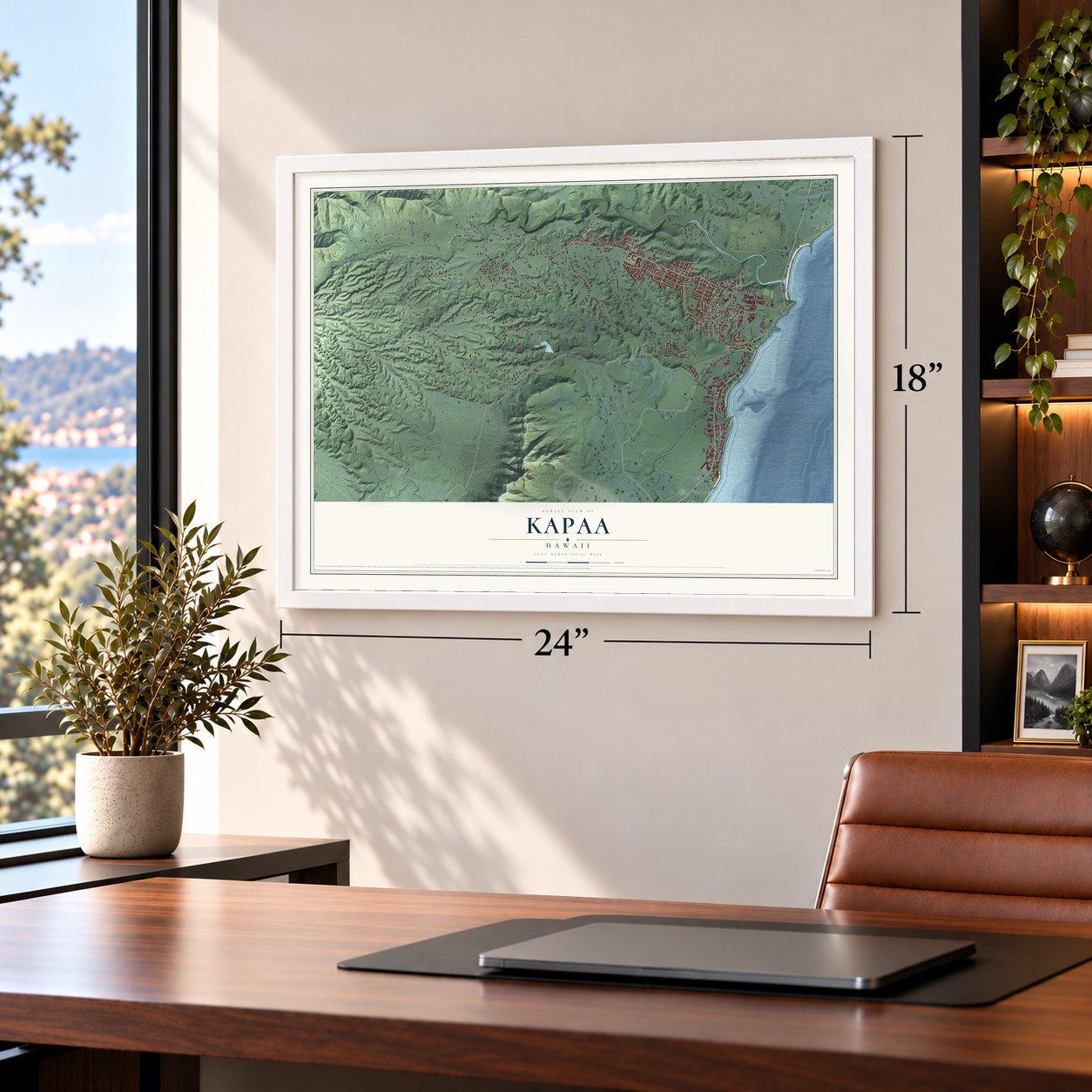 Kapaa, Hawaii map, 18 x 24 inch print in a white frame in a home office