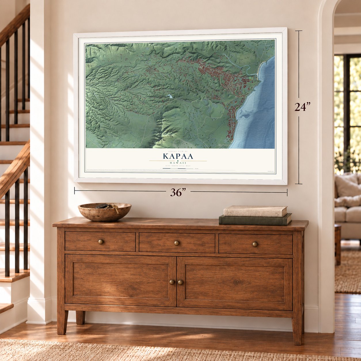 Kapaa, Hawaii map, 24 x 36 inch print in a white frame above a dresser by a staircase