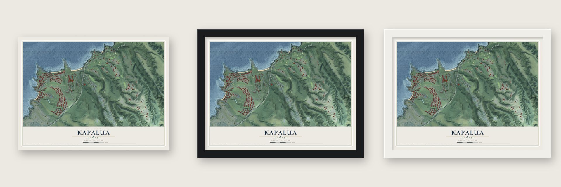 Kapalua, Hawaii map unframed, in a black wood frame and in a white wood frame