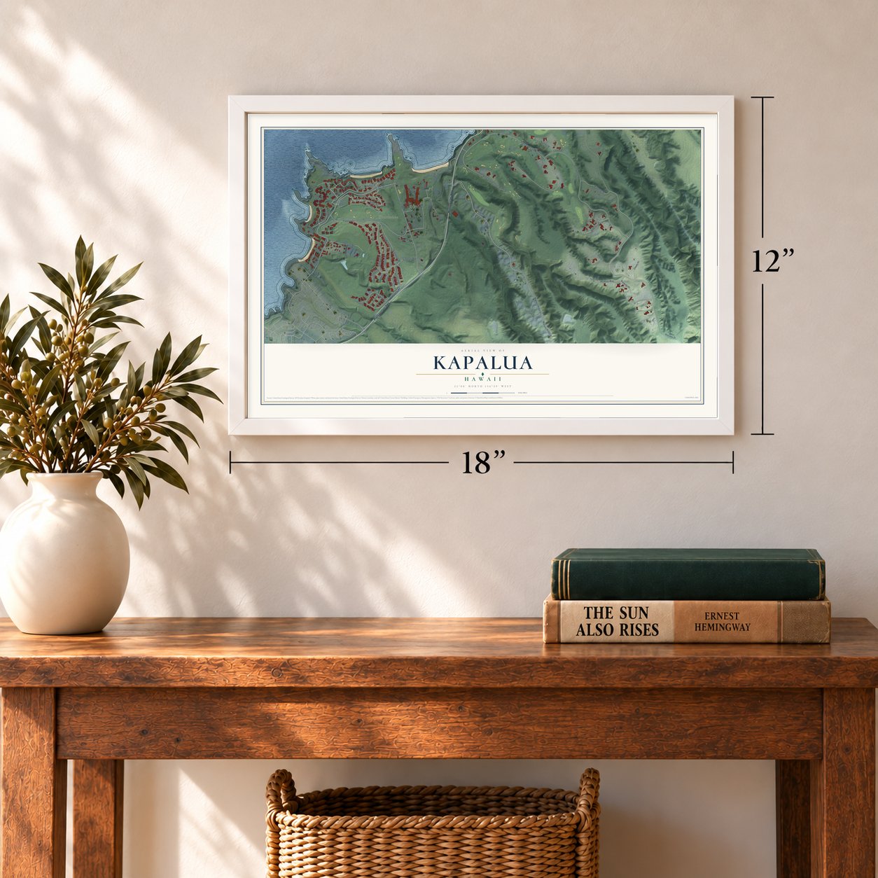 Kapalua, Hawaii map, 12 x 18 inch print in a white frame in an entryway