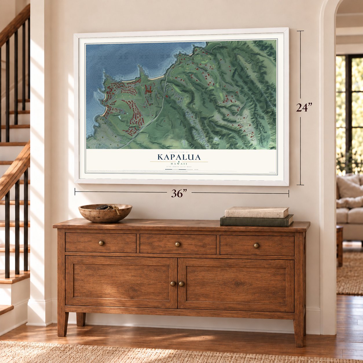 Kapalua, Hawaii map, 24 x 36 inch print in a white frame above a dresser by a staircase