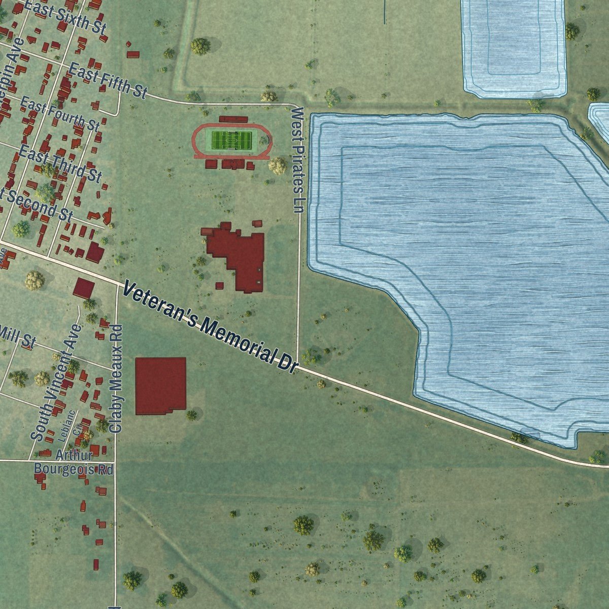 Second close-up of the map of Kaplan, Louisiana print showing more streets and buildings