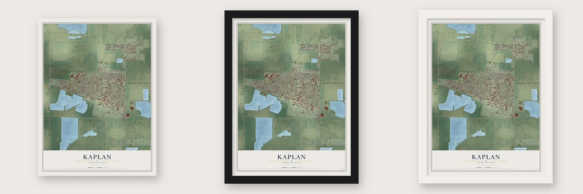 Kaplan, Louisiana map unframed, in a black wood frame and in a white wood frame