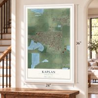 Kaplan, Louisiana map, 24 x 36 inch print in a white frame by a staircase