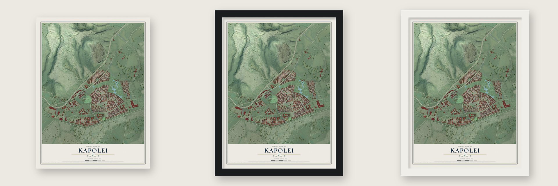 Kapolei, Hawaii map unframed, in a black wood frame and in a white wood frame