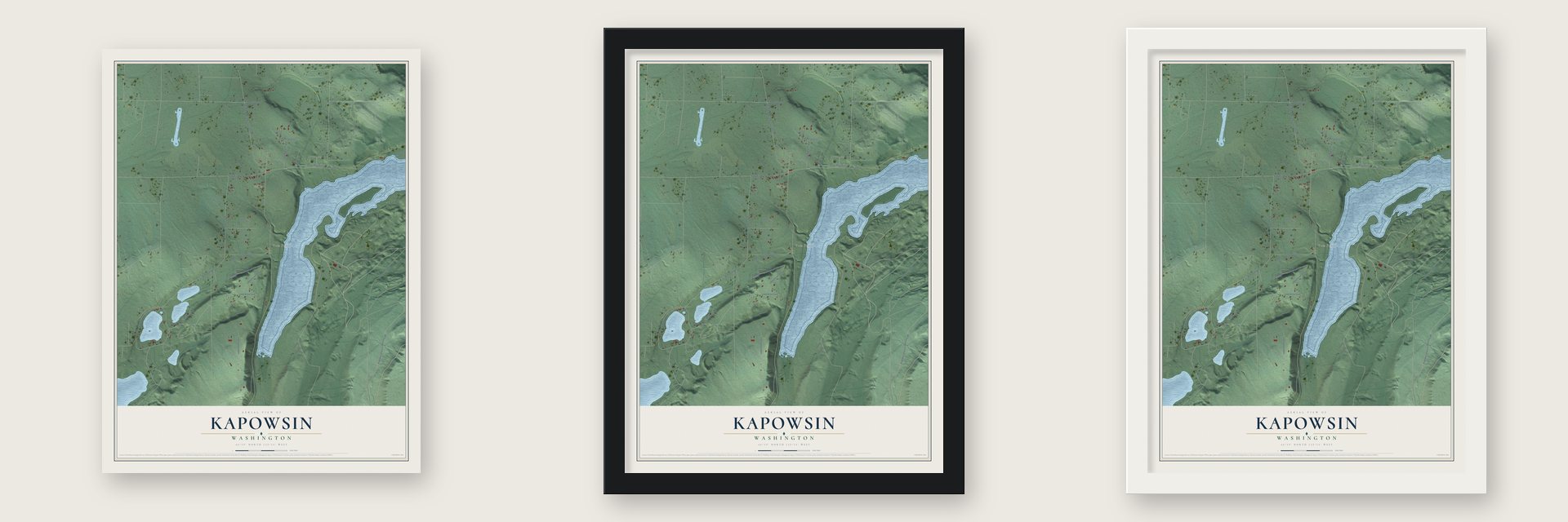 Kapowsin, Washington map unframed, in a black wood frame and in a white wood frame