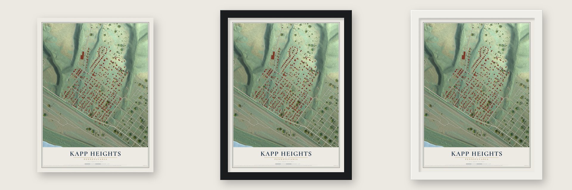 Kapp Heights, Pennsylvania map unframed, in a black wood frame and in a white wood frame