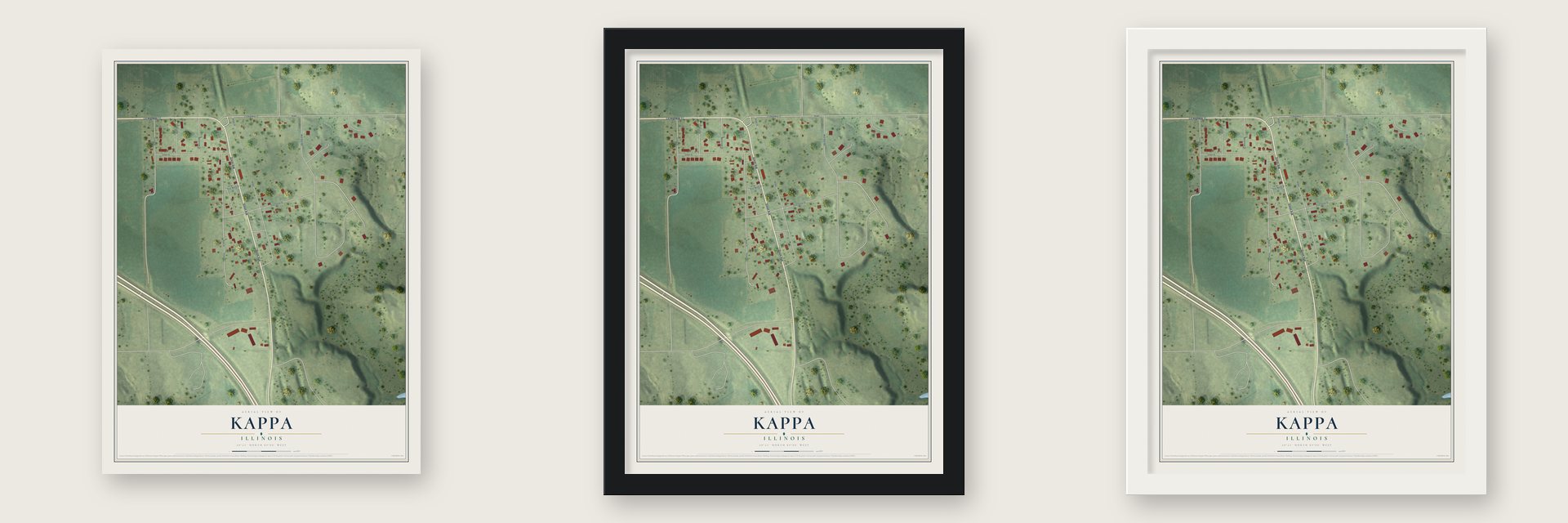 Kappa, Illinois map unframed, in a black wood frame and in a white wood frame