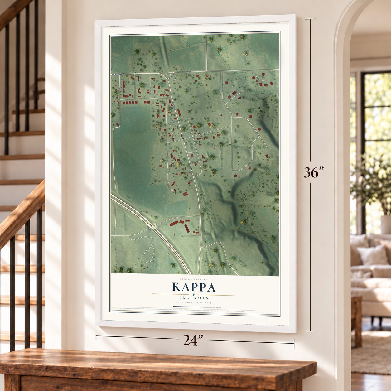 Kappa, Illinois map, 24 x 36 inch print in a white frame by a staircase