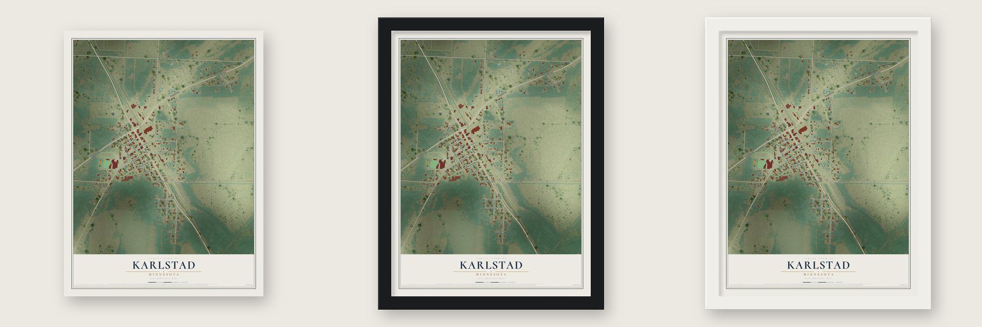 Karlstad, Minnesota map unframed, in a black wood frame and in a white wood frame