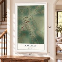 Karlstad, Minnesota map, 24 x 36 inch print in a white frame by a staircase