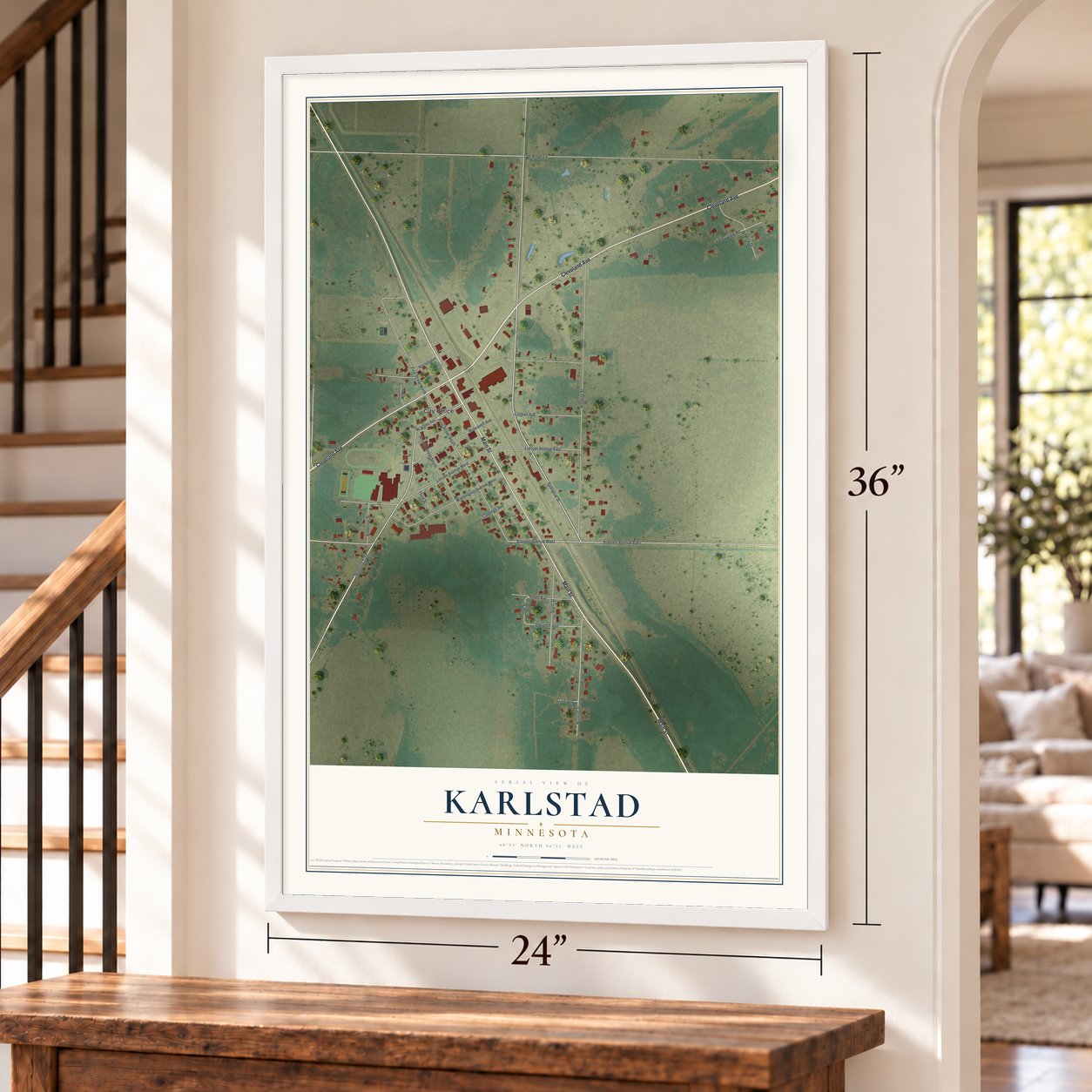 Karlstad, Minnesota map, 24 x 36 inch print in a white frame by a staircase