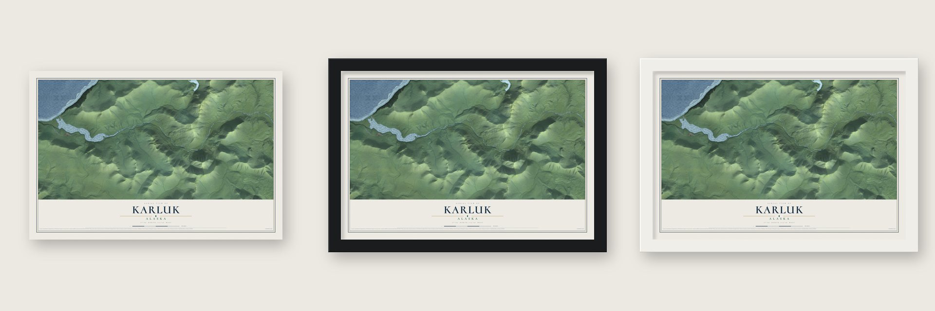 Karluk, Alaska map unframed, in a black wood frame and in a white wood frame
