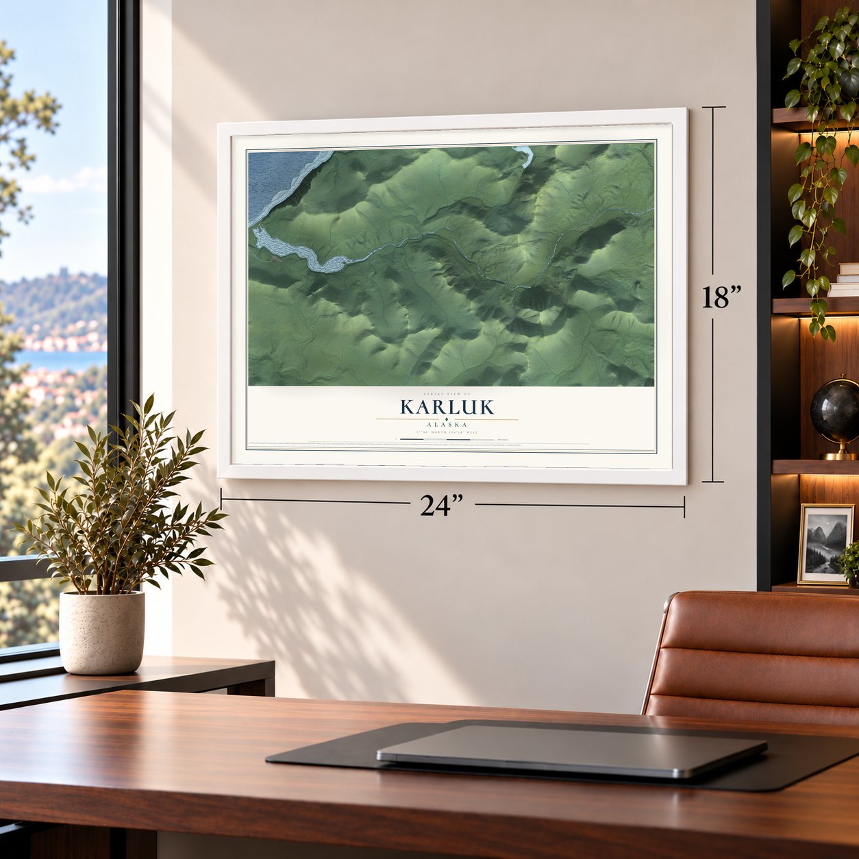 Karluk, Alaska map, 18 x 24 inch print in a white frame in a home office