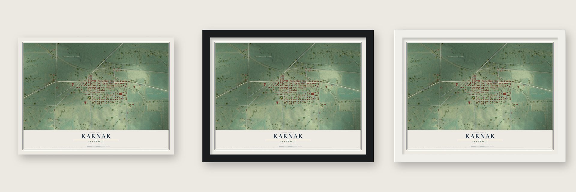 Karnak, Illinois map unframed, in a black wood frame and in a white wood frame