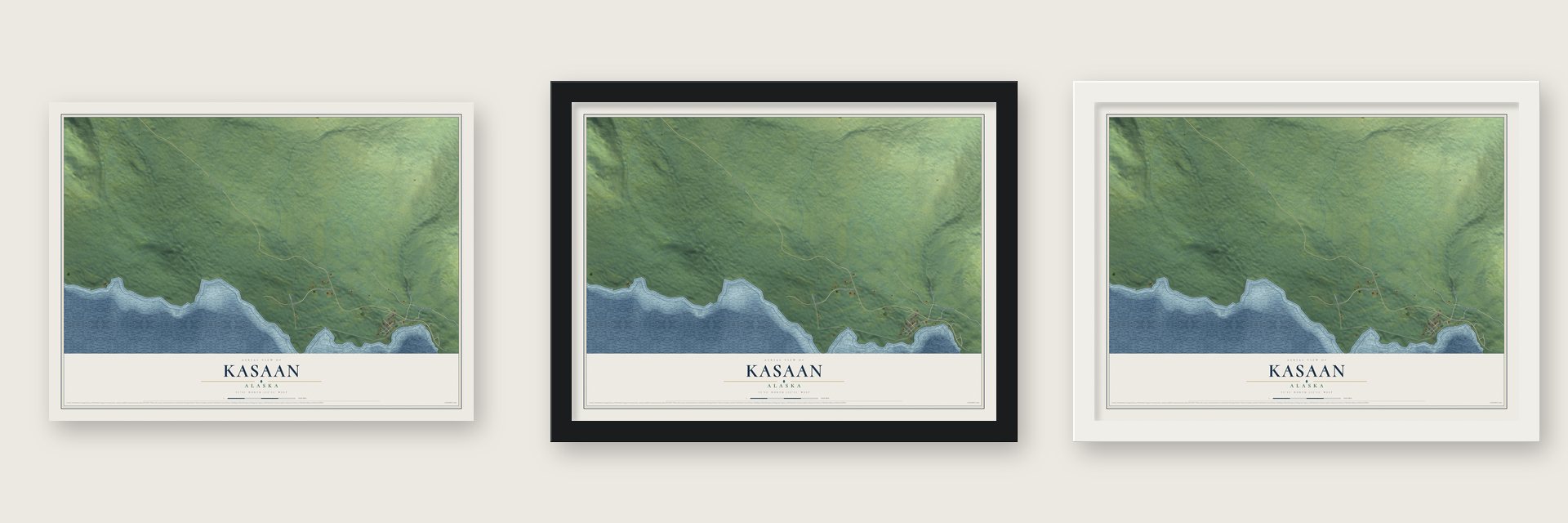 Kasaan, Alaska map unframed, in a black wood frame and in a white wood frame