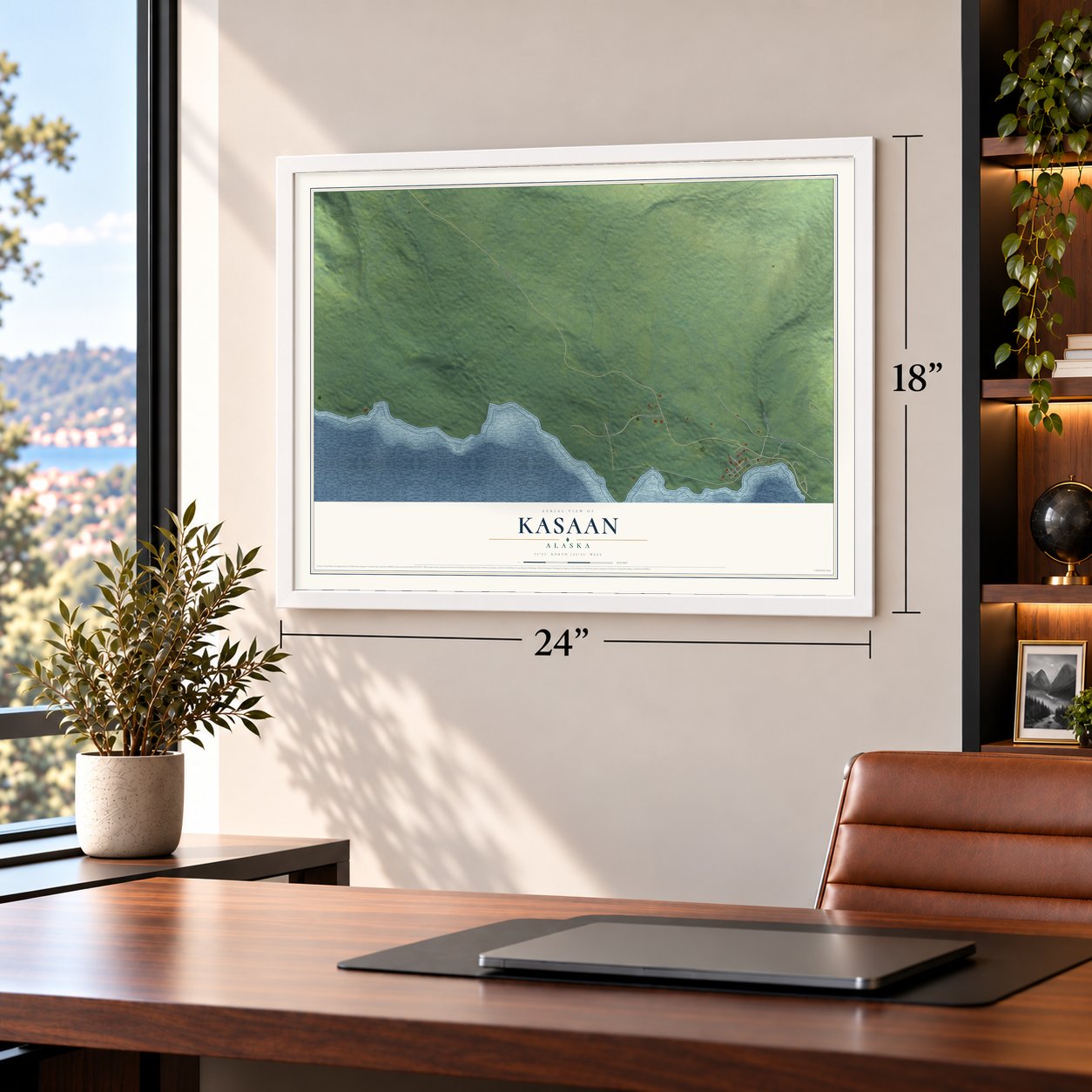 Kasaan, Alaska map, 18 x 24 inch print in a white frame in a home office