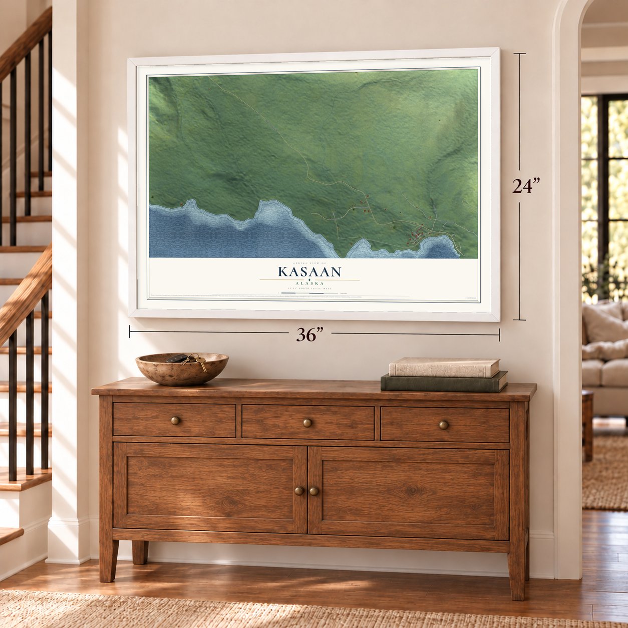 Kasaan, Alaska map, 24 x 36 inch print in a white frame above a dresser by a staircase