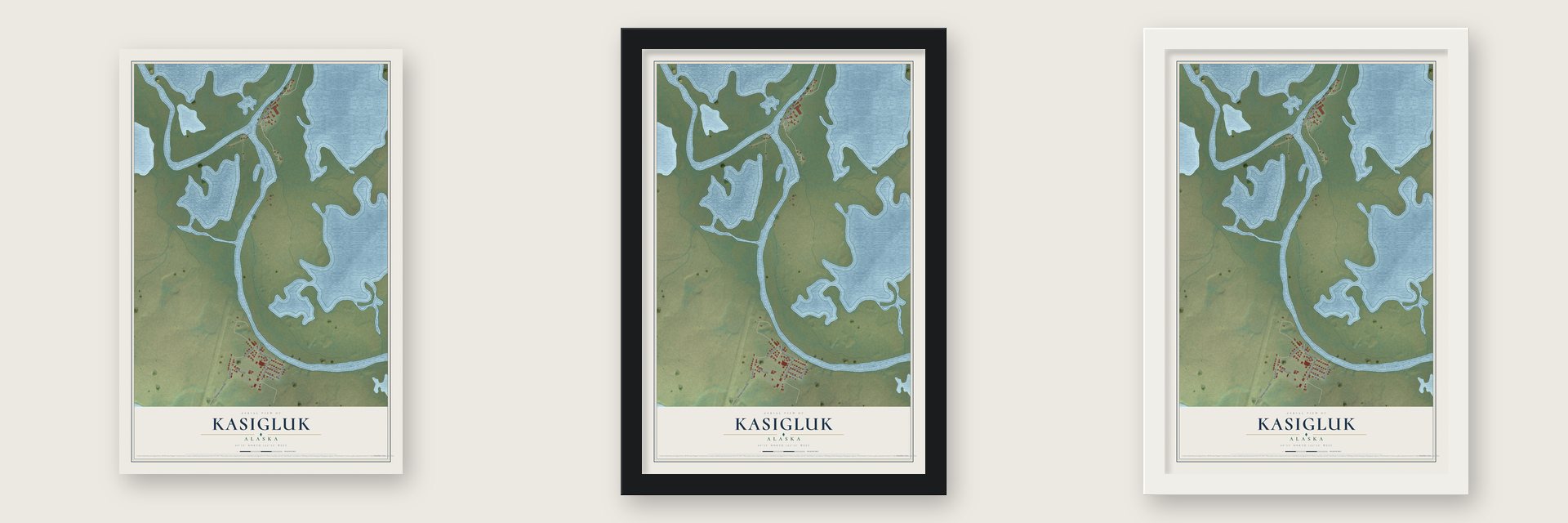 Kasigluk, Alaska map unframed, in a black wood frame and in a white wood frame