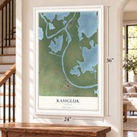 Kasigluk, Alaska map, 24 x 36 inch print in a white frame by a staircase