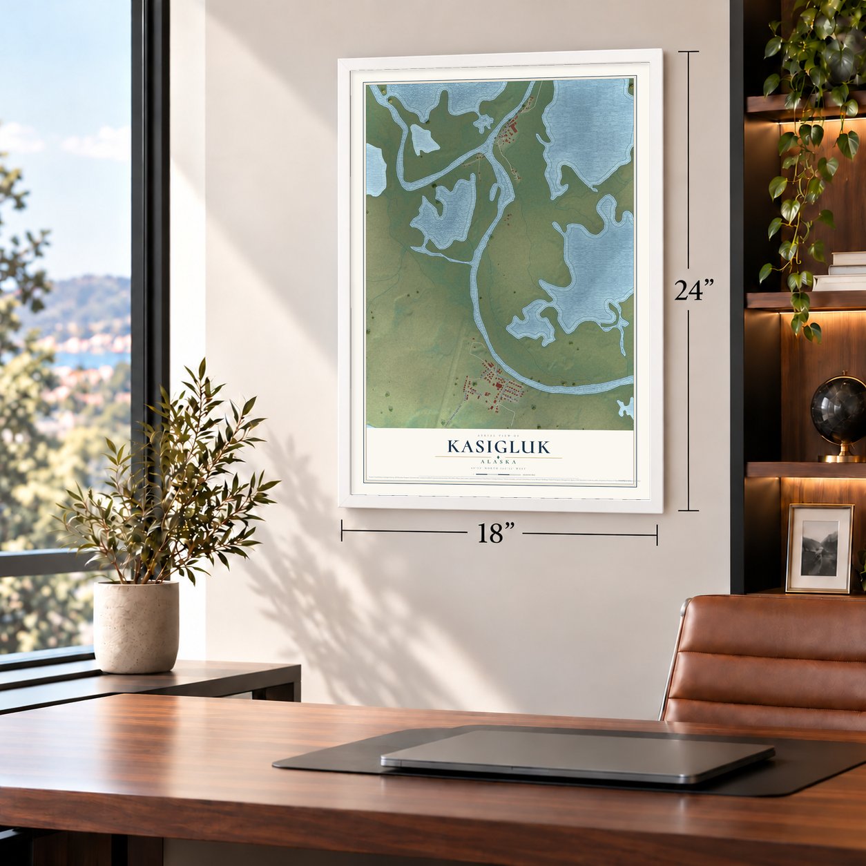 Kasigluk, Alaska map, 18 x 24 inch print in a white frame in a home office
