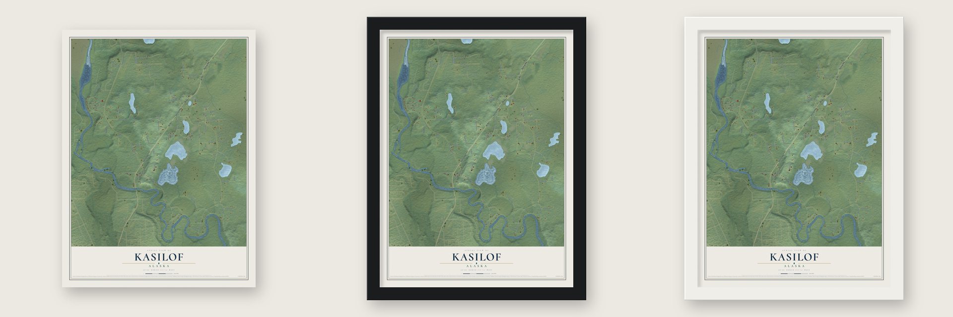 Kasilof, Alaska map unframed, in a black wood frame and in a white wood frame