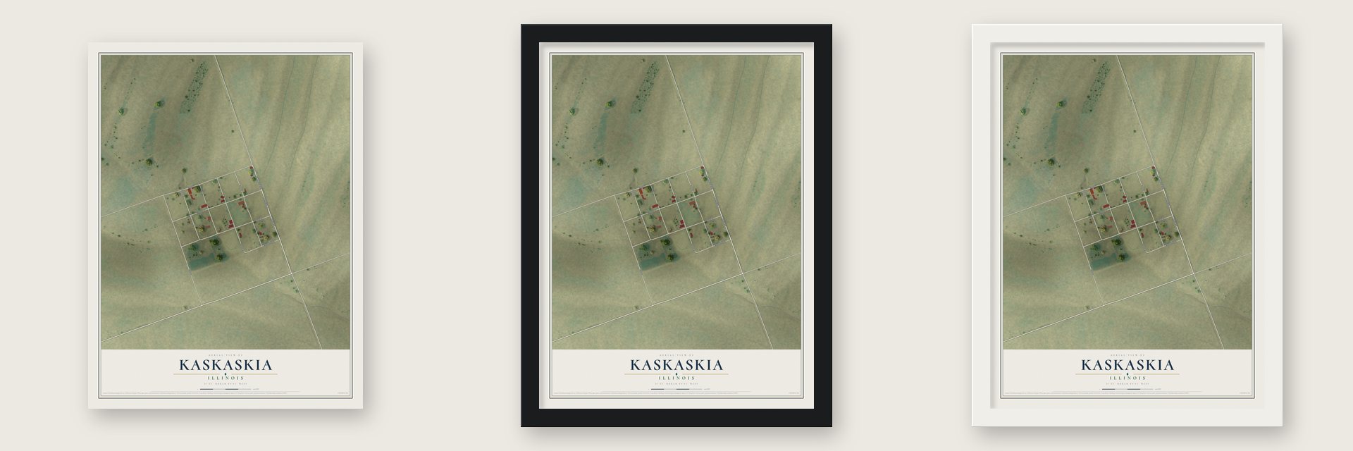 Kaskaskia, Illinois map unframed, in a black wood frame and in a white wood frame