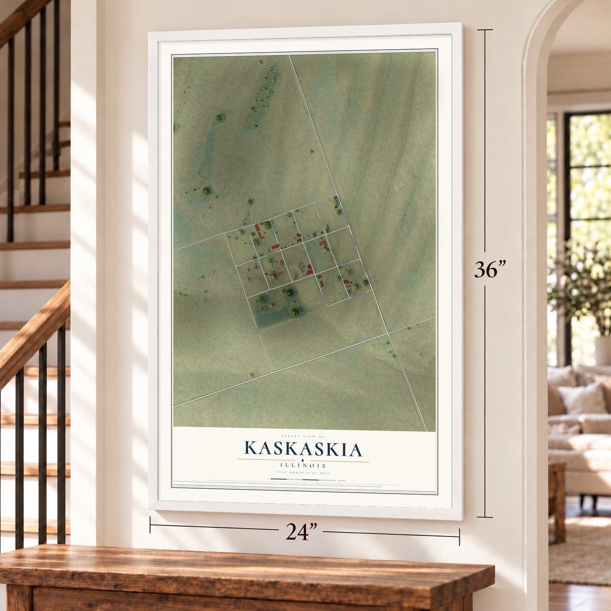 Kaskaskia, Illinois map, 24 x 36 inch print in a white frame by a staircase