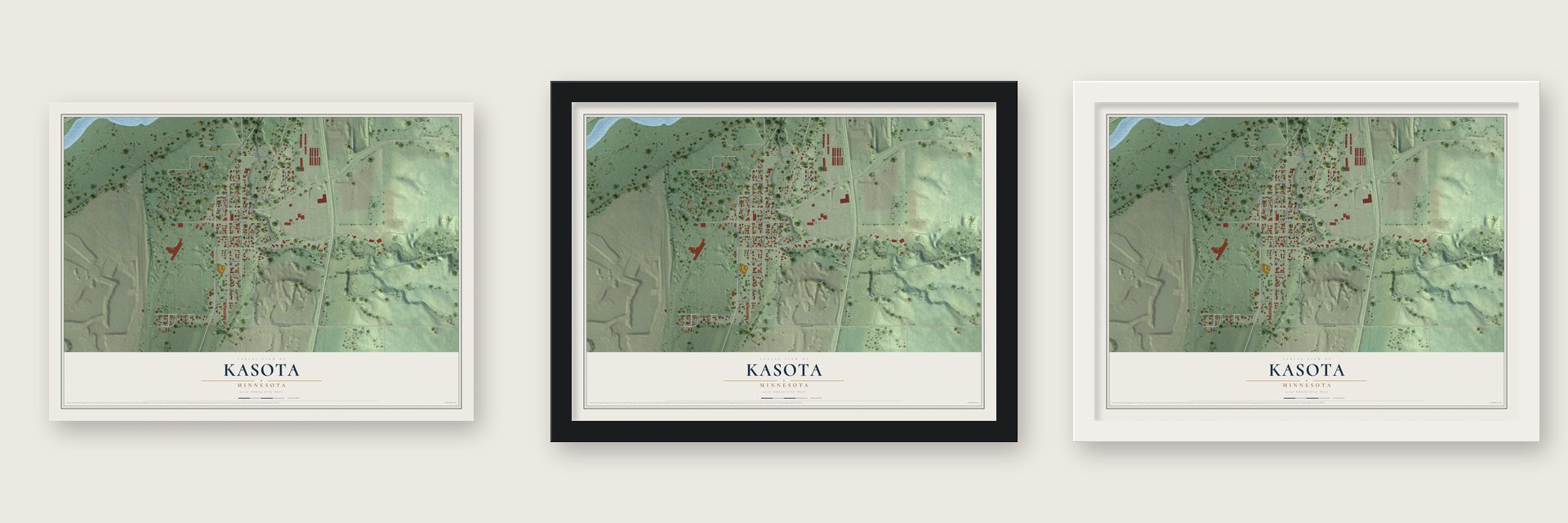 Kasota, Minnesota map unframed, in a black wood frame and in a white wood frame