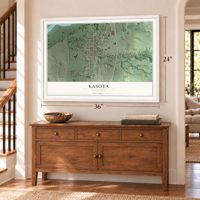 Kasota, Minnesota map, 24 x 36 inch print in a white frame above a dresser by a staircase