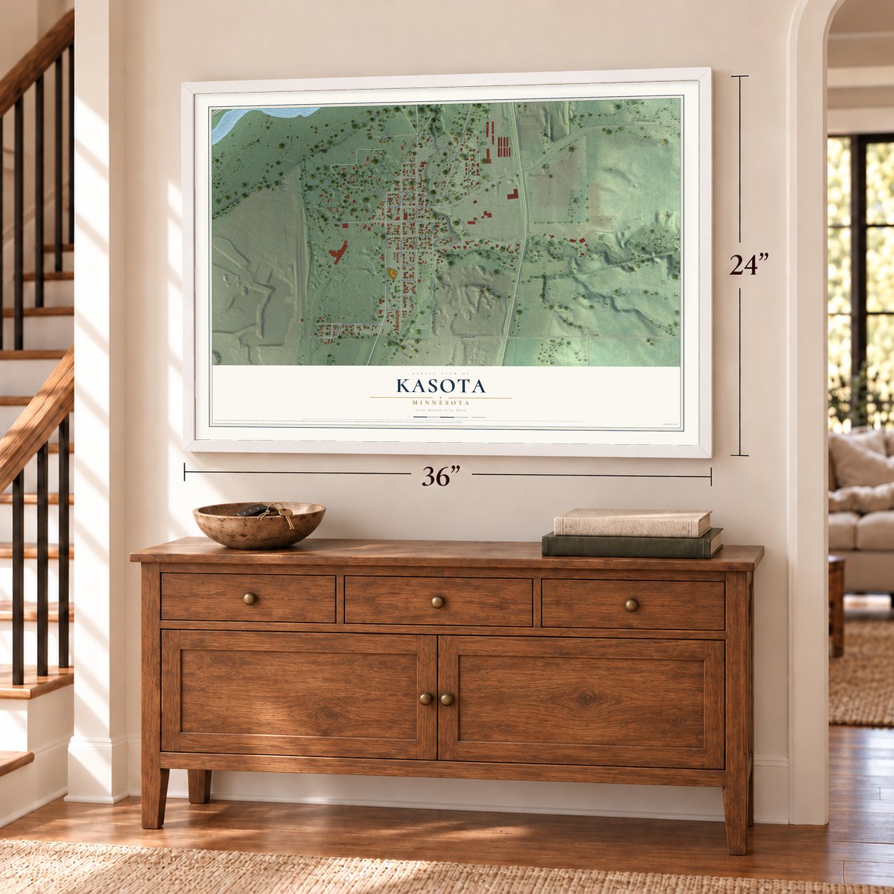 Kasota, Minnesota map, 24 x 36 inch print in a white frame above a dresser by a staircase