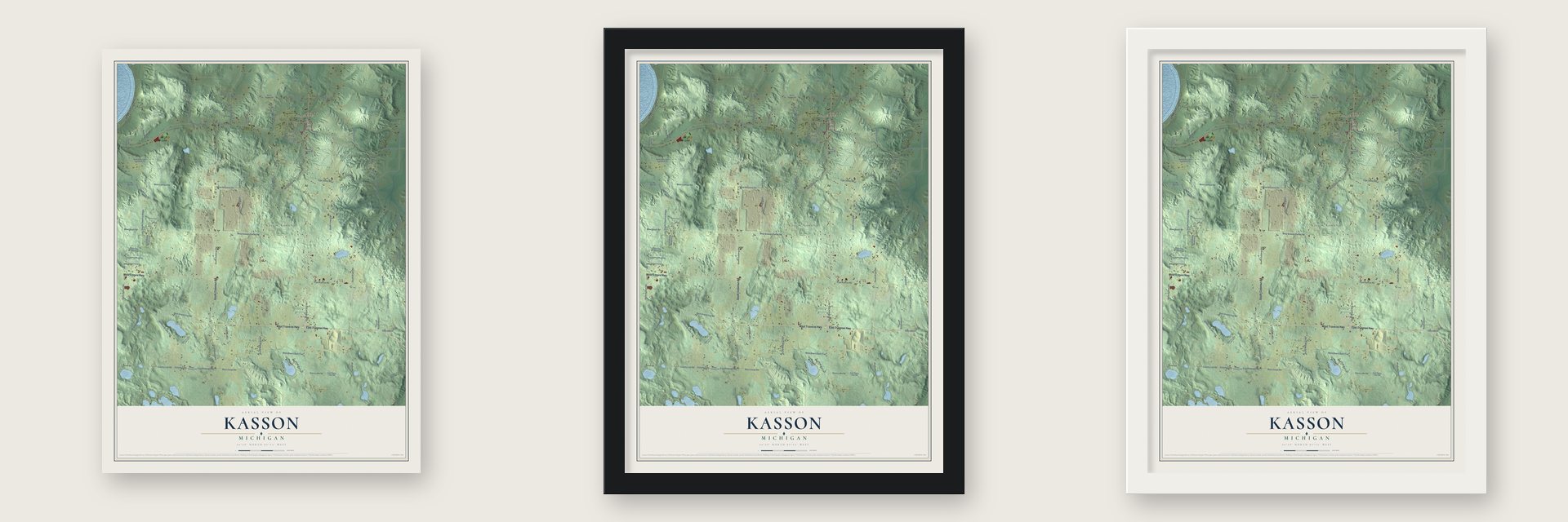 Kasson, Michigan map unframed, in a black wood frame and in a white wood frame