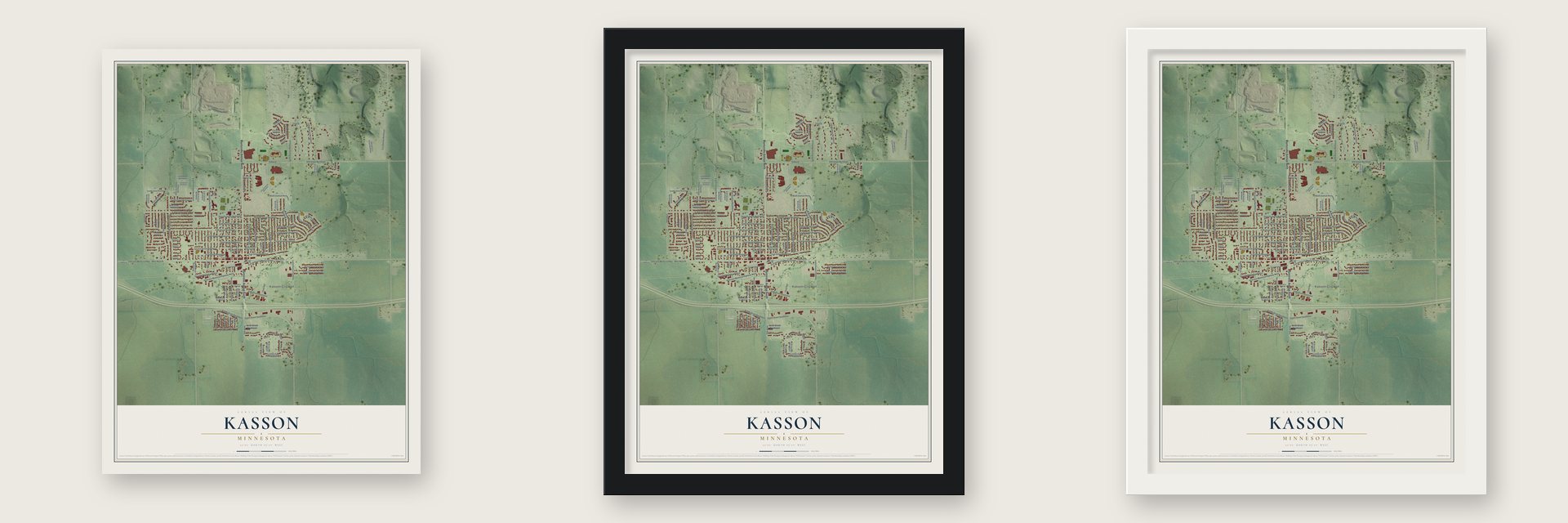 Kasson, Minnesota map unframed, in a black wood frame and in a white wood frame