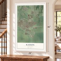 Kasson, Minnesota map, 24 x 36 inch print in a white frame by a staircase