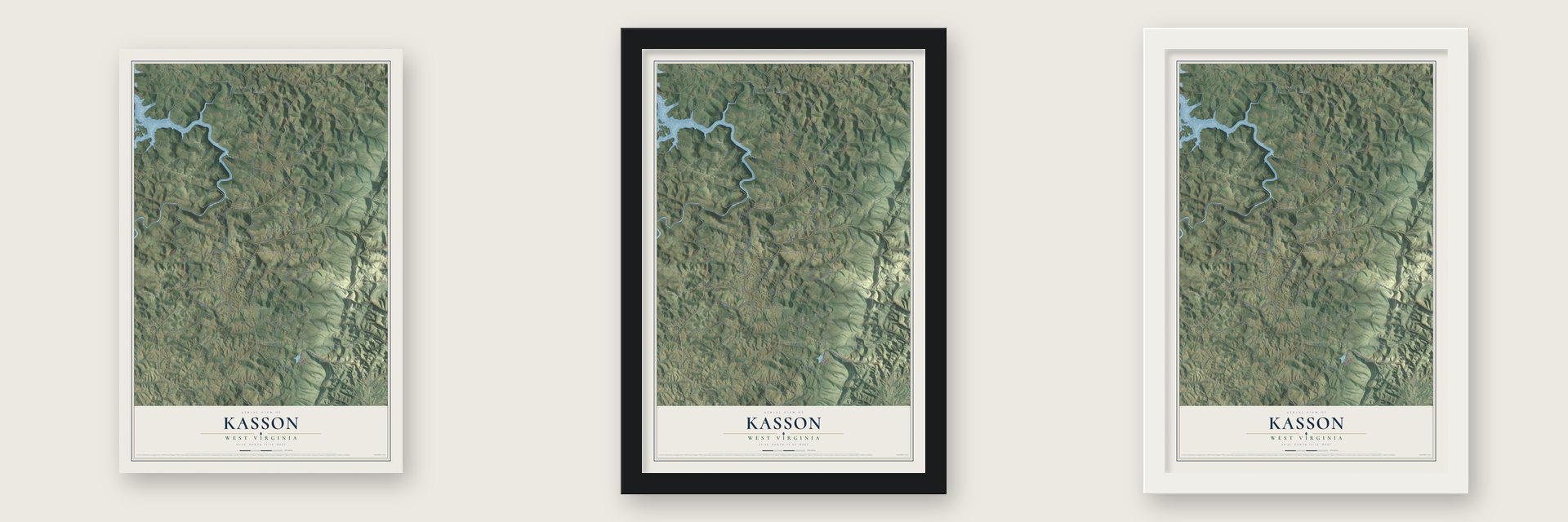 Kasson, West Virginia map unframed, in a black wood frame and in a white wood frame