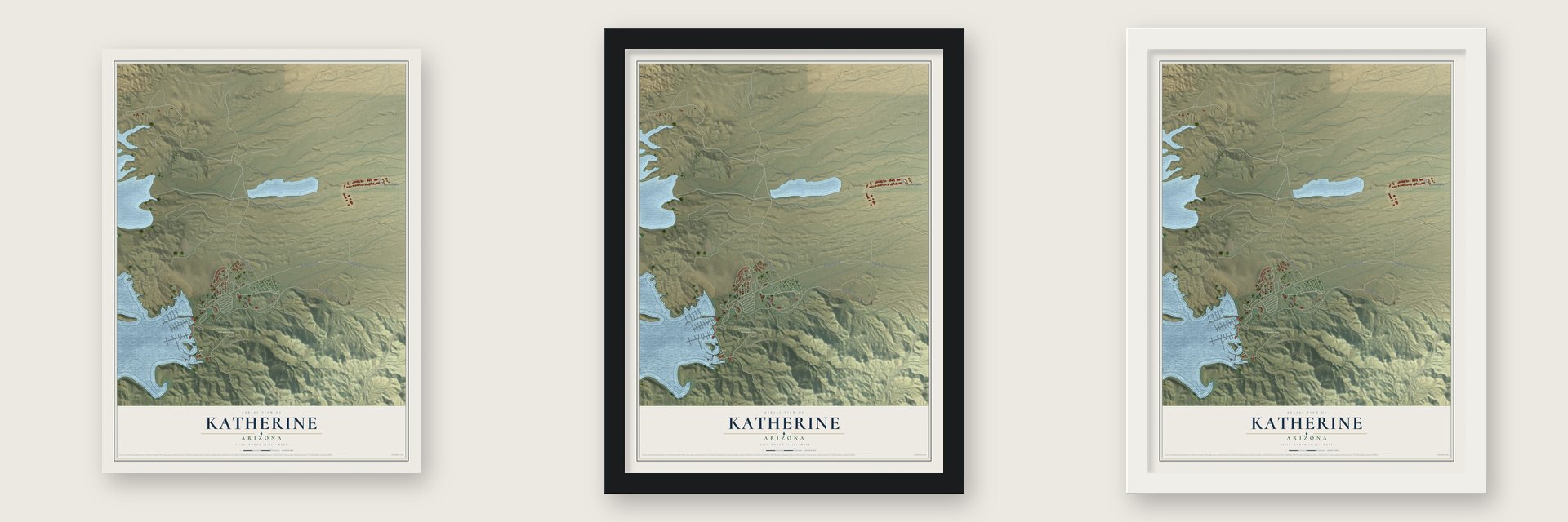 Katherine, Arizona map unframed, in a black wood frame and in a white wood frame