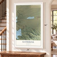 Katherine, Arizona map, 24 x 36 inch print in a white frame by a staircase