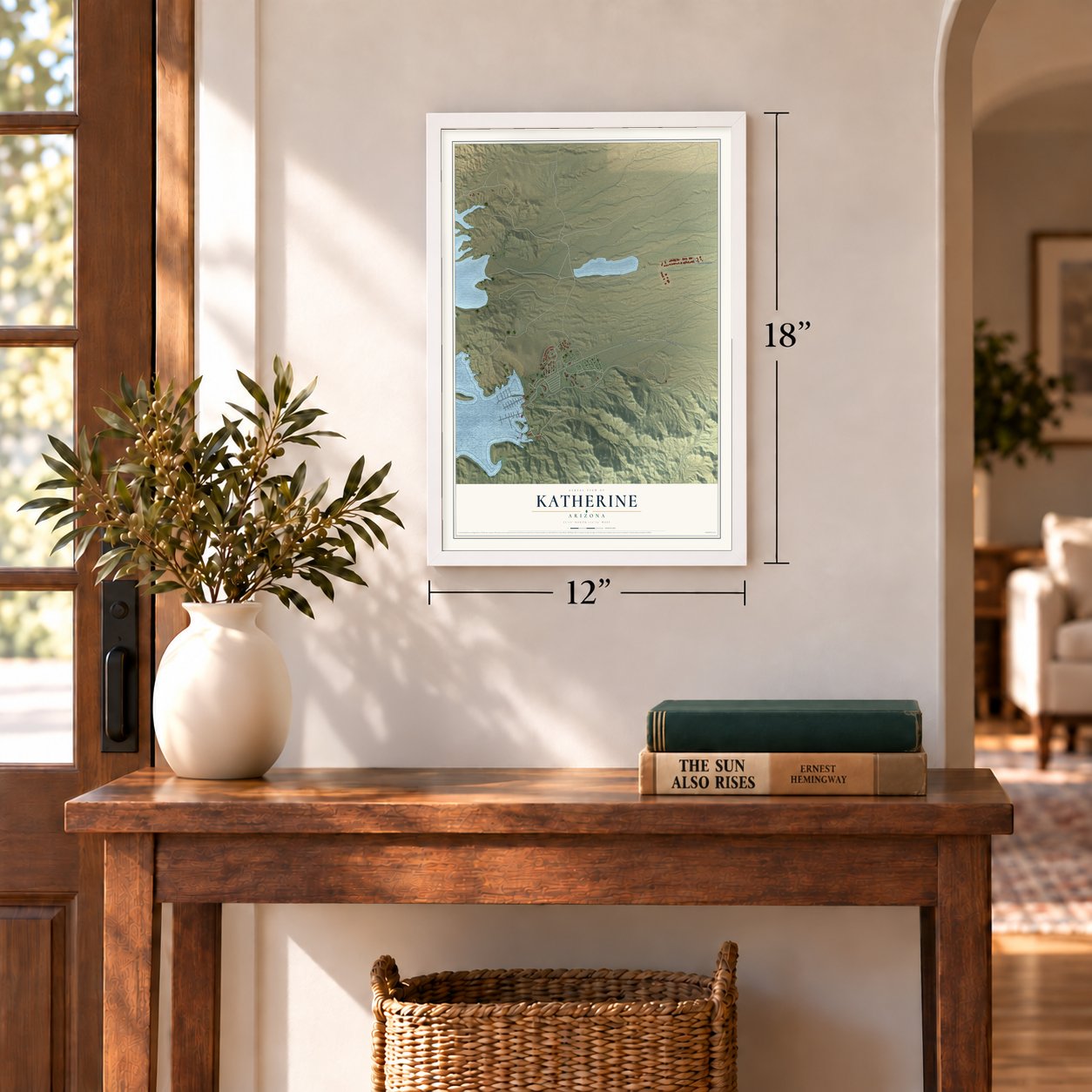 Katherine, Arizona map, 12 x 18 inch print in a white frame in an entryway