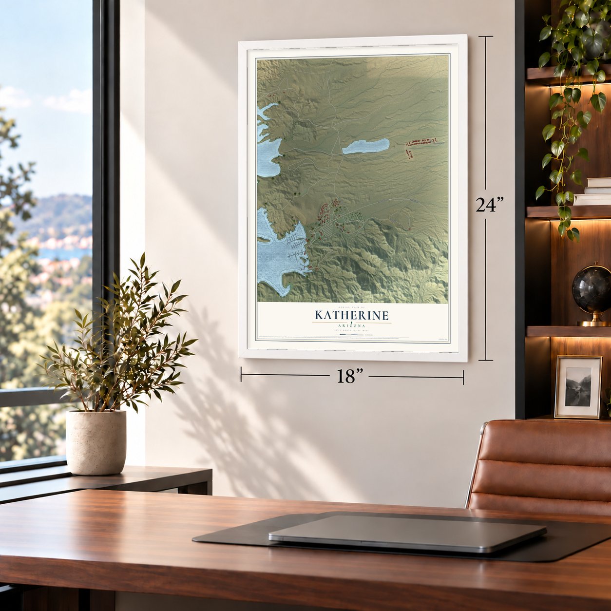 Katherine, Arizona map, 18 x 24 inch print in a white frame in a home office
